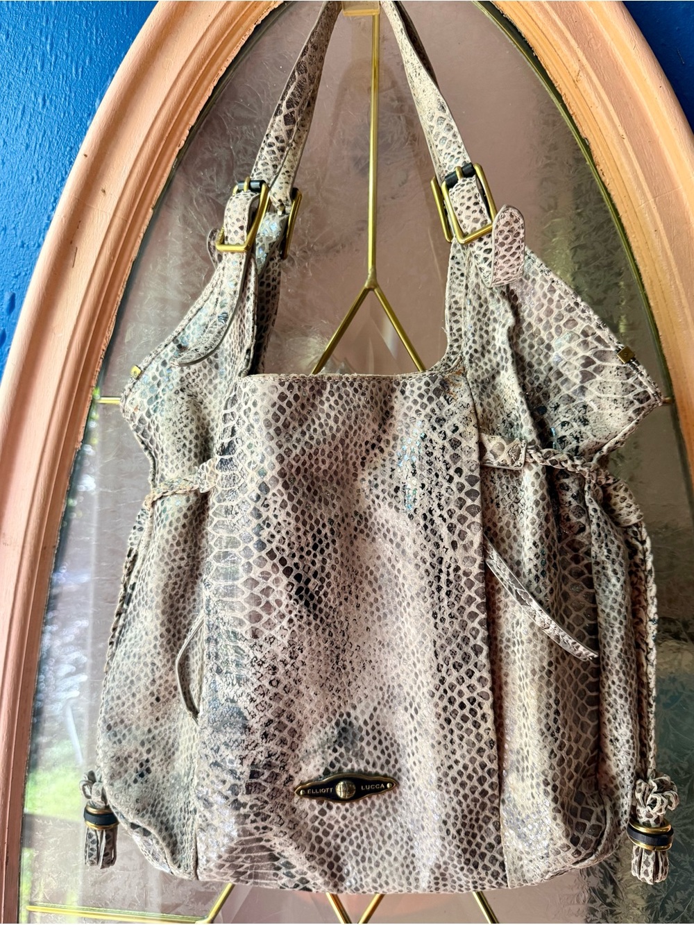 Elliott Lucca Snake-Print Taupe Hobo Shoulder Bag
